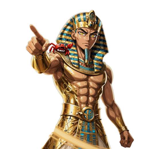 Anime Pharao-Sensei mit Bonus Crab zeigt mit goldener Hand nach vorne - Realz Casino FAQ Hero