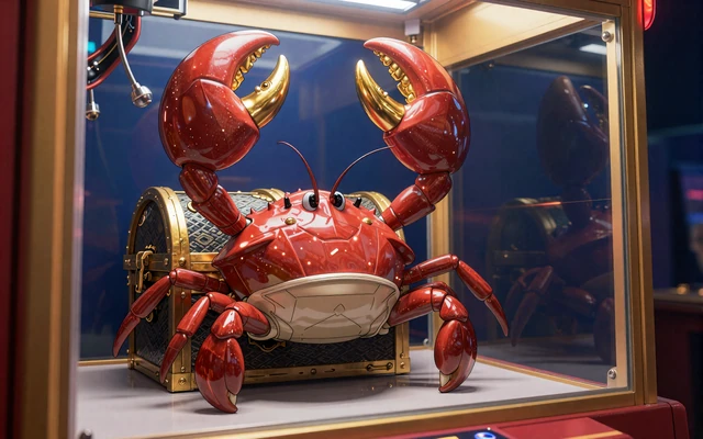 Bonus Crab Maskottchen greift mit goldenen Klauen Schatztruhe - exklusives Realz Casino Feature