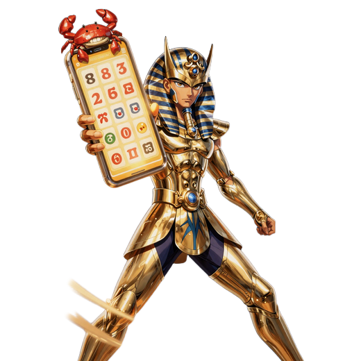 Anime Pharao-Sensei h&auml;lt leuchtendes Smartphone mit Bonus Crab - Mobile Casino Realz