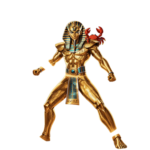 Anime Pharao-Sensei in goldener R&uuml;stung mit Bonus Crab auf der Schulter, durchbricht goldenen Wirbel &uuml;ber Pyramiden - Realz Casino Hero